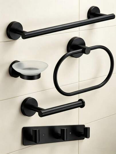5-Piece Bathroom Towel Rack Storage Set, Stainless Steel Material, Gold Black Silver, Towel Ring Soap Dish Coat Hook Toilet Paper Holder
