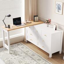 Rotating Desk With Cabinet - 2 In 1 - Shelf And Sideboard, Oak White Finish - White and Oak - View 2