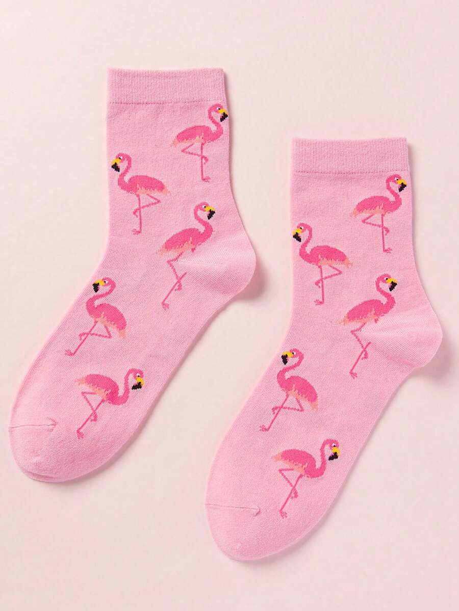 女款火烈鳥印花中筒襪,適合日常穿著 - 粉色 - 查看 1