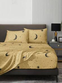 Set Sprei 4 Potong Motif Patchwork Segitiga Ungu & Abu-abu, Set Sprei Lembut Mudah Perawatan (1 Sprei Datar + 1 Sprei Fitted + 2 Sarung Bantal), Set Sprei Rajut Cocok Untuk Ukuran King/Queen/Full/Twin, Cocok Untuk Kasur Tebal 11,8 Inci, Lembut, Bernapas, Tahan Kerut, Sprei Motif Geometris - Mustard Yellow - View 4