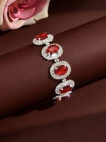 1 pieza Pulsera de cadena con strass rojo ovalado, accesorio para boda de verano, banquete, baile y aniversario - Rojo - Ver 2