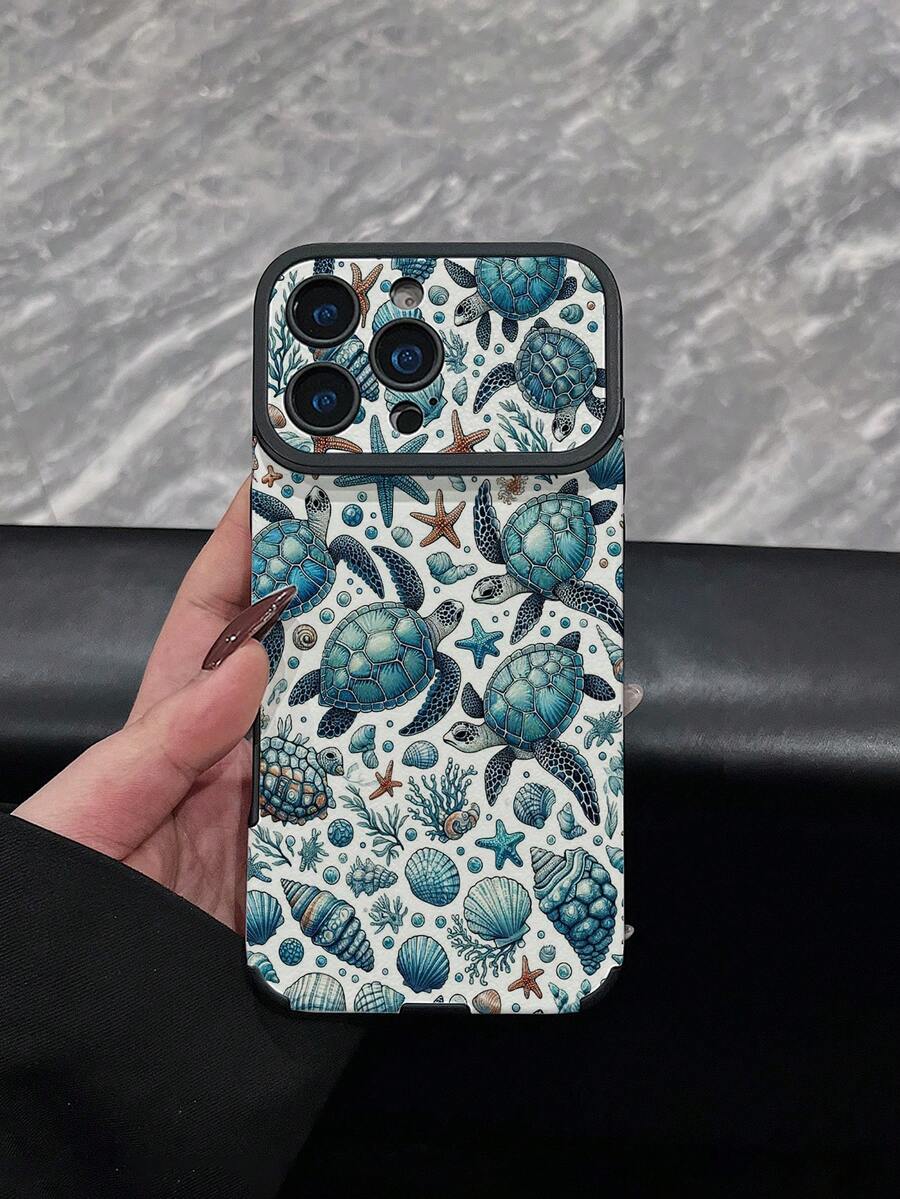 1pc New Full Coverage Turtle, Starfish, Shell Pattern Phone Case, Faux Leather Texture, Shockproof Protective Shell Compatible With IPhone 17/17Pro/17ProMax/16/16Pro/16ProMax/16Plus/15/15Plus/15Pro/15ProMax/14/14Plus/14Pro/14ProMax/13/13Pro/13ProMax/12/12Pro/12ProMax/11/11ProMax, Anti-Shock Anti-Collision Soft Protective Cover - Multicolor - View 1