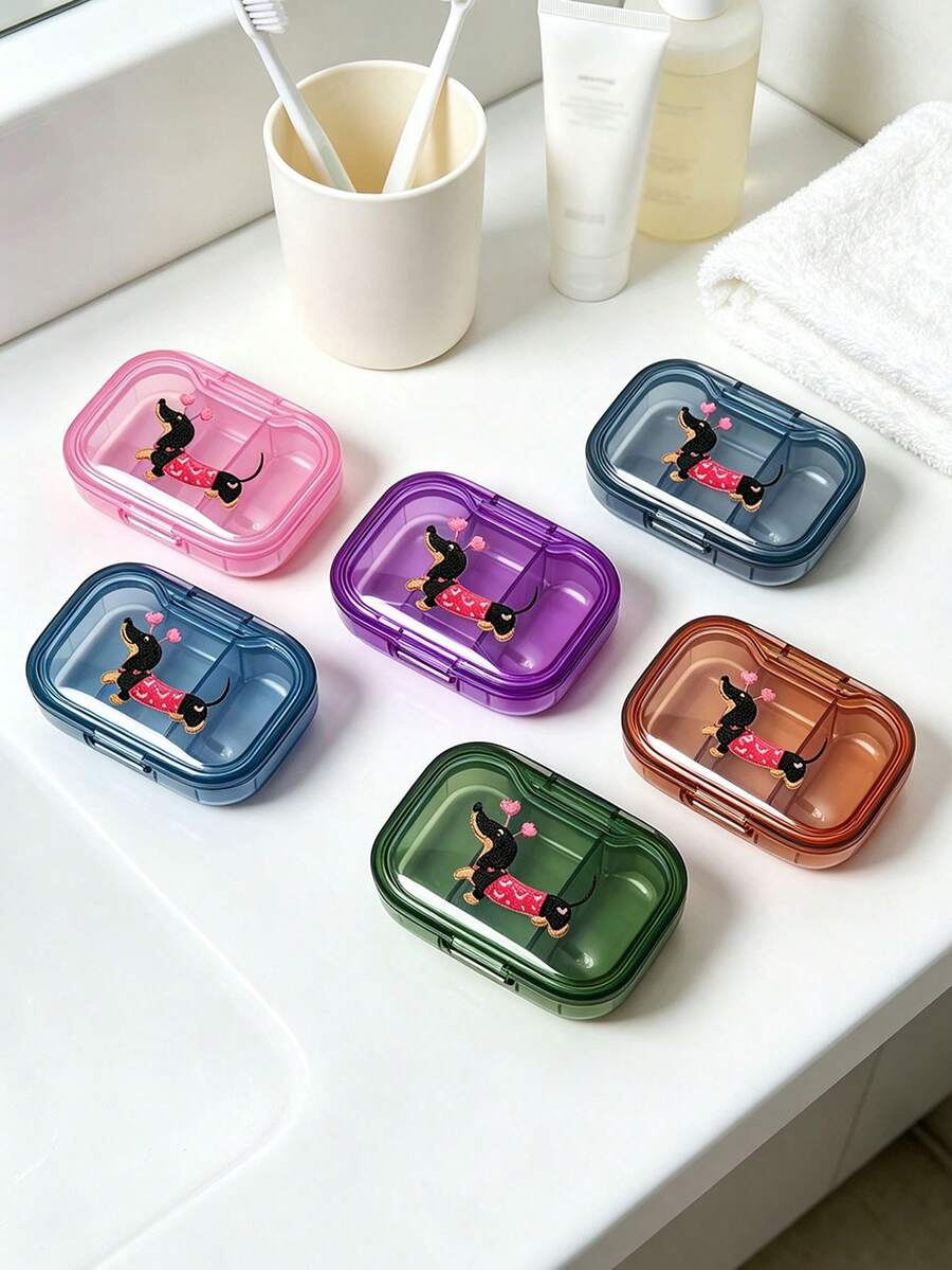 Cute Dachshund Pattern Storage Box, Small Pill Box, Portable Minimalist Pill Organizer, 3 Compartments, Suitable For Home And Travel, Portable Travel Mini Pill Box, Waterproof And Moisture-Proof Pill Storage Container, Suitable For Storing Medication, Rings And Other Small Items, Applicable For Various Scenarios Such As Travel Storage, Travel Container, Travel, Office, Etc.
