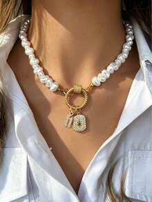 1pc Elegant Women's Baroque Pearl Necklace - Letter Pendant; Octagonal Star. Heart-Shaped Necklace. High-End Vintage, Suitable As A Holiday Gift For Women - Gold - View 20