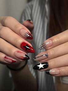 24pcs Medium Almond Shape Press-On Nails, Y2K Cute Style Halloween Polka Dot Black Star Acrylic Black French Tip Manicure, Suitable For All Women/Girls Daily Wear And Holiday Party, Theme Party Nail Supplies - Red - View 1