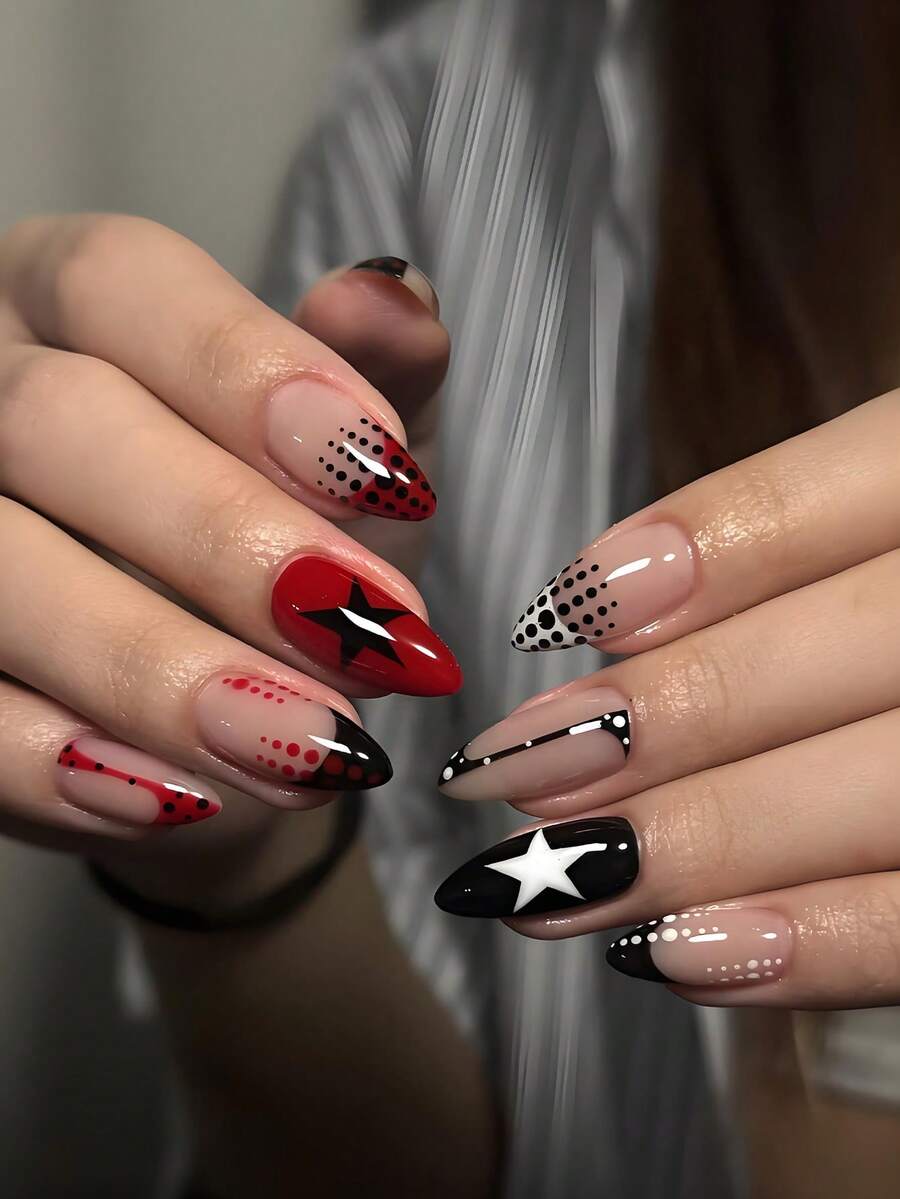 24pcs Medium Almond Shape Press-On Nails, Y2K Cute Style Halloween Polka Dot Black Star Acrylic Black French Tip Manicure, Suitable For All Women/Girls Daily Wear And Holiday Party, Theme Party Nail Supplies - Red - View 1