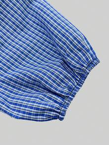 Elegant Casual American Vintage Blue Small Checkered Stand Collar Button-Down Tie Hem Short Lantern Sleeve Blouse - Blue - View 8