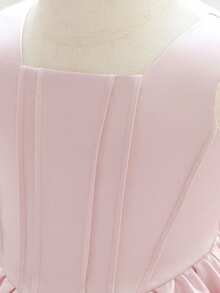 Baby Girls Square Neck Solid Color Bow Satin Cute Princess Dress For 1st Birthday Party And Daily Wear, Headband Not Included - Dusty Pink - View 8