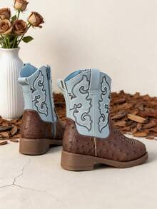 1 Pair Girls Brown Light Blue Two Tone Embroidery Western Ankle Boots, Spring Autumn Kids Footwear - Blue - View 3