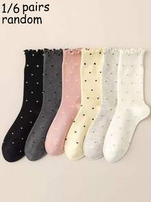 1/6 Pares de Meias Femininas Coloridas com Bolinhas, Borda com Babado, Elásticas e Caneladas, Estilo Doce e Fofo, Adequadas para Campus e Uso Diário, Confortáveis e Casuais, Fáceis de Combinar, Tecido Confortável, Estilo, Essenciais para Saídas Diárias, Adequadas para Uso Externo e Interno, Fofas, Sortimento Aleatório - Multicolorido - Visão 1