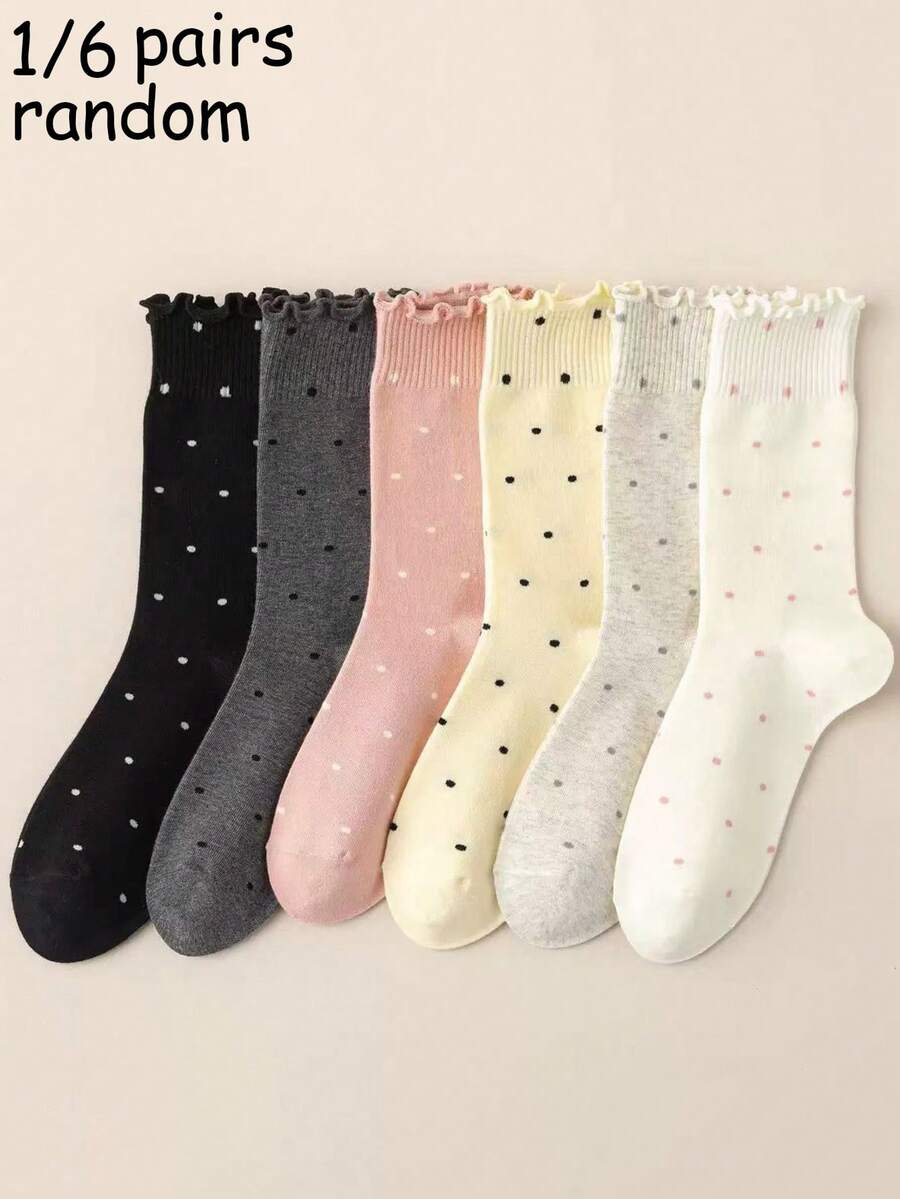1/6 Pares de Meias Femininas Coloridas com Bolinhas, Borda com Babado, Elásticas e Caneladas, Estilo Doce e Fofo, Adequadas para Campus e Uso Diário, Confortáveis e Casuais, Fáceis de Combinar, Tecido Confortável, Estilo, Essenciais para Saídas Diárias, Adequadas para Uso Externo e Interno, Fofas, Sortimento Aleatório - Multicolorido - Visão 1