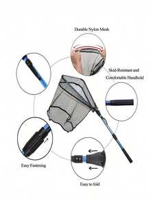 GOTURE 1pc Fishing Landing Net, Foldable Retractable Handle, Durable Nylon Mesh, For Catching Or Releasing Fish - Blue - View 2