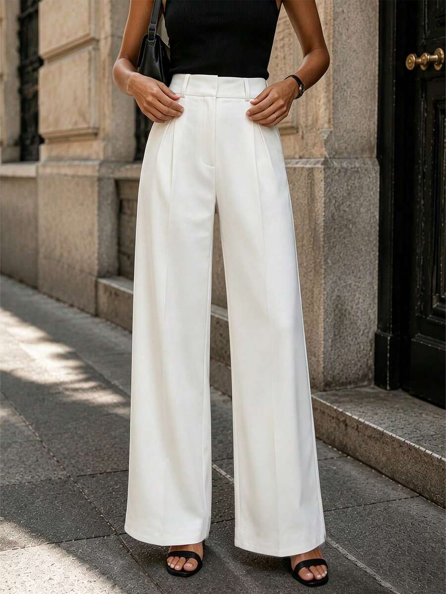 Pantalones largos de verano para mujer, pantalones de pierna ancha minimalistas de cintura alta con pliegues delanteros y fluidos, pantalones de oficina elegantes de color beige sin bolsillos, adecuados para atuendos de otoño
