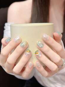 10Pcs Handmade Short Square Press On Nails Gradient Iridescent Jelly Base 3D Shell Pearl Starfish Hand Painted Goldfish Mermaid Ocean Theme Glossy Reusable False Nails Summer Beach Manicure Set For Women Girls - 彩色 - 查看 3
