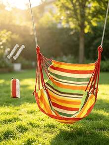 1pc Portable Outdoor Hanging Chair, Wear-Resistant Breathable Canvas Material Leisure Rocking Chair (Includes Installation Rope), Colorful Striped Bohemian Style, Hanging Round Seat With Wide Backrest Design, Comfortable Body Wrapping And Space-Saving, Home Outdoor Swing Chair, Suitable For Garden, Yard, Balcony, Picnic, Birthday Party, Summer Activities - Multicolor - View 9