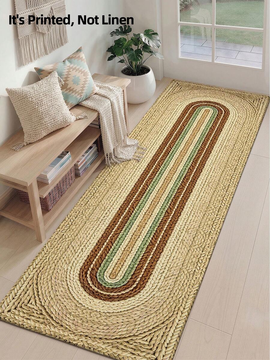1pc 2D Flat Printed Long Runner Rug, Faux Woven Print Long Floor Mat, Suitable For Bathroom, Kitchen, Outdoor, Hallway, Bedroom, Living Room, Machine Washable Easy To Clean, Non-Slip Entryway Mat, Bedroom Decor Carpet Accessory - Multicolor - View 1