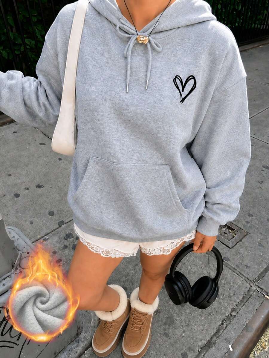 Women's New Autumn/Winter Fashion Heart Print Casual Versatile Thermal Lined Sweatshirt Sweatshirt Fall - Dark Gray - View 1