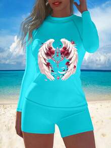 Women Funny Tight Fitting Sports Beach Surfing Long Sleeve Rash Guard Swimsuit 2 Piece Set Cute Swimwear With Boyshorts Sun Protection, Diving - Mint Blue - View 5