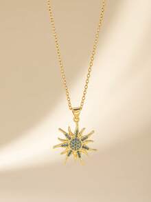 1pc Vintage Gold Color Stainless Steel Sunburst Turquoise Pendant Necklace With Copper Charm For Women Boho Party Daily Jewelry Gift - Multicolor - View 1