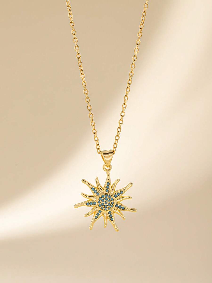 1pc Vintage Gold Color Stainless Steel Sunburst Turquoise Pendant Necklace With Copper Charm For Women Boho Party Daily Jewelry Gift - Multicolor - View 1