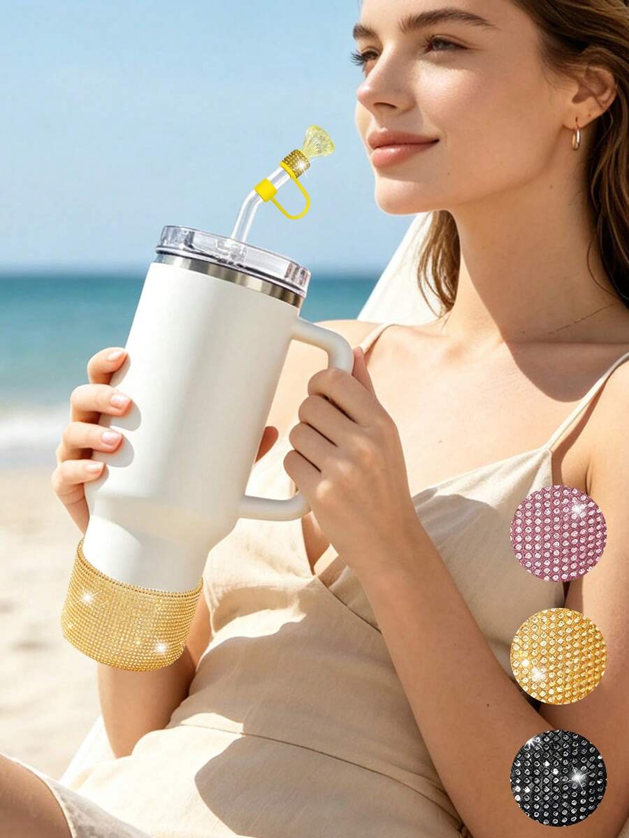 Silicone Cup Sleeve With Sparkling Rhinestone Decoration And Crown Straw Lid, Fits 30oz And 40oz Cups With Handles, Decorated With Rhinestones And Crown, Suitable For Office, Restaurant, Cafe, Car Interior, Kitchen, Bedroom, Vacation, Camping, Essential Travel Accessory For Spring And Summer. Birthday Gift, Wedding Accessory, Back To School Gift, Easter Gift, Mother's Day Gift, Teacher's Day Gift, Women's Birthday Gift Decoration - Multicolor - View 1