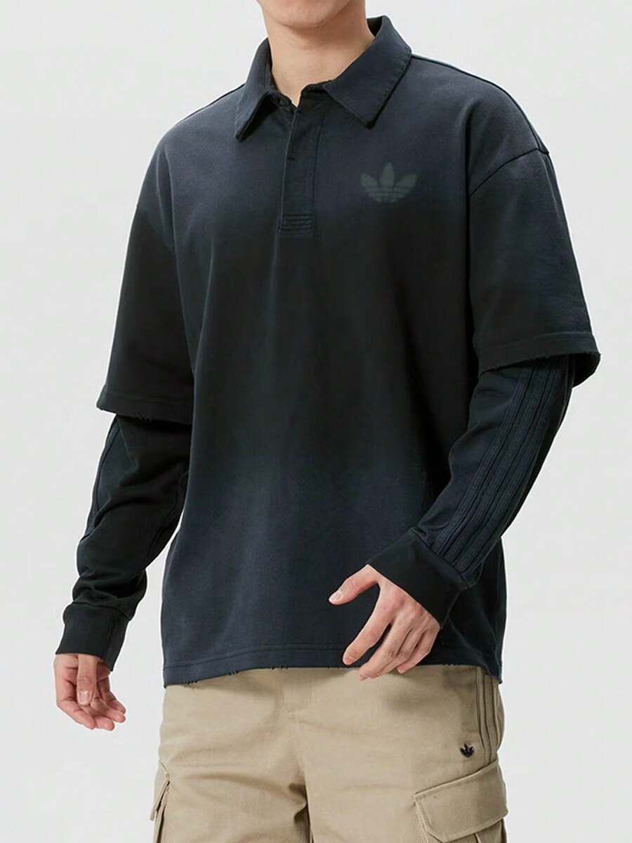 Adidas Men's New Fake Two-Piece Sports Casual Long Sleeve Polo Shirt - Black - View 1