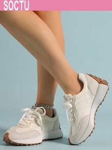 SOCTU Women's Round Toe Fashion Lace-Up Thick Sole Student Style Height-Increasing Casual Comfortable Running Sports Shoes - White - View 5
