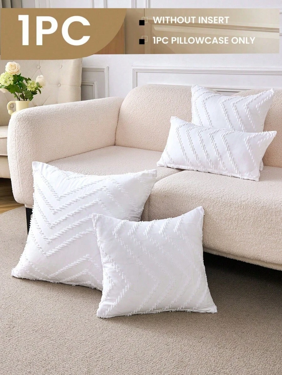 1pc White Geometric Pattern Velvet Decorative Pillow Cover (Pillow Insert Not Included), Modern Style Throw Pillow Case, Suitable For Home, Sofa, Living Room Decor, High-End Minimalist Design, Suitable For Daily Use, Living Room, Bedroom, Small Car, Etc. - White - View 1