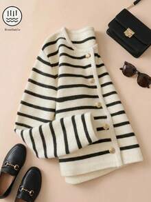 Áo khoác cardigan cổ tròn kẻ sọc thanh lịch, áo len thời trang thường ngày đa năng, áo khoác cổ điển cho nữ, mùa thu - Đen và trắng - Xem 2