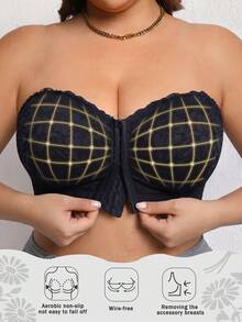 Women's Plus Size Floral Lace Front Closure Strapless Bra, Comfortable And Breathable, Push-Up Side Support, Multi-Row Hook And Eye, Detachable Transparent Straps - Black - View 4