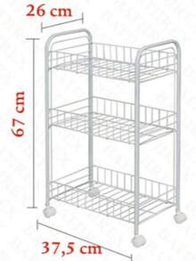 3-vånings förvaringsvagn i mesh med hjul, robust metallvagn, B26*D37,5*H67 cm, rullbar organizer för kök, badrum och tvättstuga, vit - Visa 9