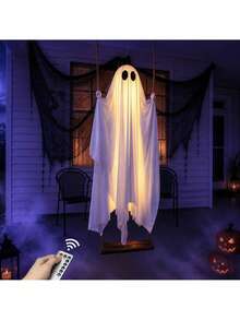 1pc Halloween Outdoor Decoration - 5ft Large Hanging Swing Ghost With Remote Control Light String And Upgraded Bed Sheet, Scary Ghost Halloween Party Decor, Suitable For Trees, Porch, Yard, Garden, Lawn - View 12