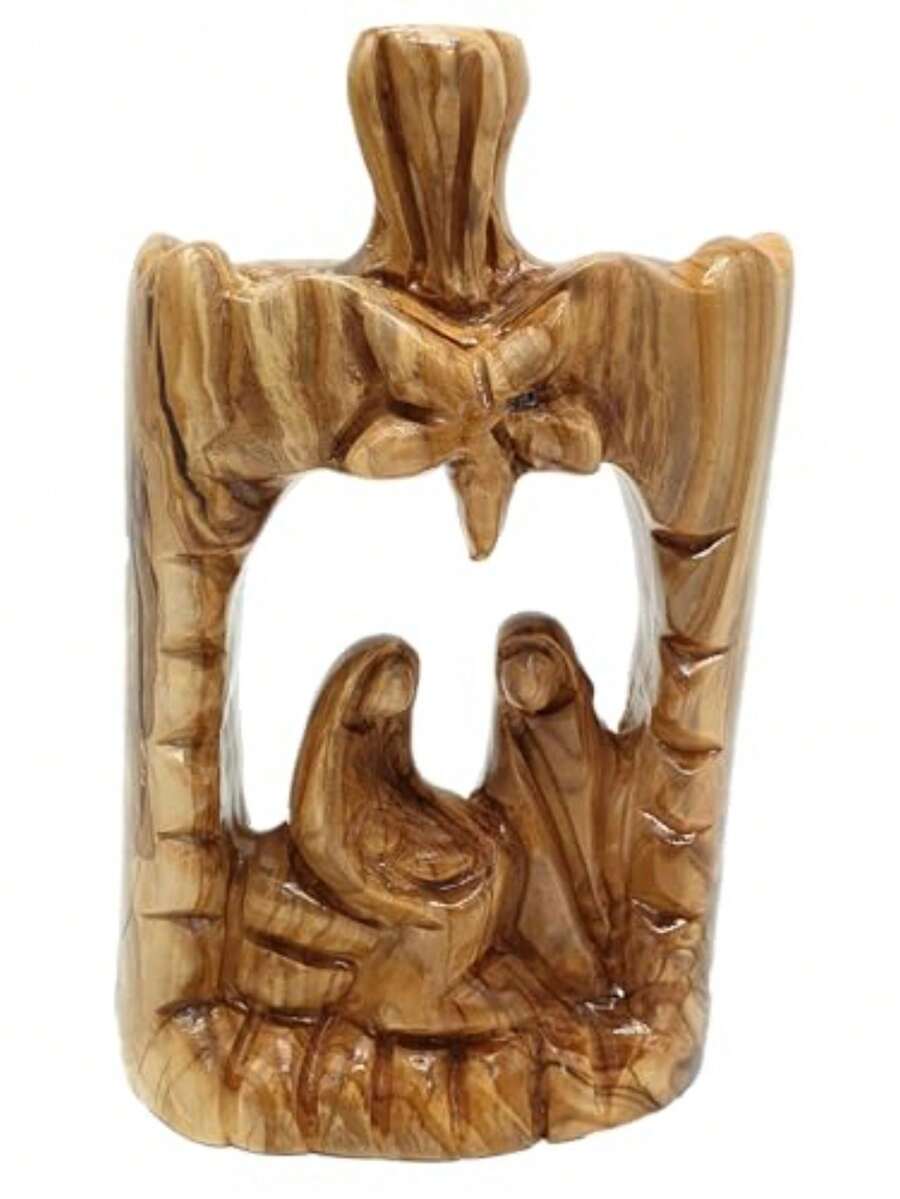 Olive Wood Nativity Scene 6.5" - Large Abstract Hand Carved Holy Family With Bethlehem Christmas Decor HOF056 - As Pic - View 1