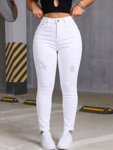 Pantalones de Mezclilla Ajustados con Elasticidad de Cintura Media con Roturas en las Rodillas para Mujer, Pantalones que Levantan las Nalgas - Blanco - Ver 2