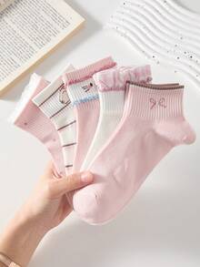5 Pairs Pink Bow & Bubble Lace Women's Short Socks, Sweet & Comfortable, Suitable For All Seasons - Pink - View 3