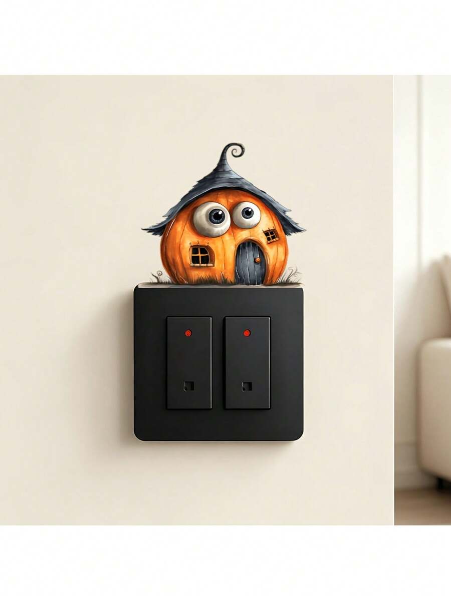 1pc Cute Pumpkin Witch House Light Switch Wall Sticker, Removable Self-Adhesive Halloween Socket Switch Plate Decal, Suitable For Home Party Decoration - Cute Pumpkin Witch - View 1