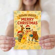 1 Greeting Card + 1 Envelope Cheerful Australian Christmas Greeting Card, Beach Animals With Surfboard "Down Under Merry Christmas", For Friends, Summer Holiday Vintage Style Festive Card. - View 4