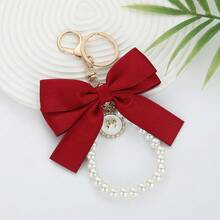 1pc Satin Bow Pearl Keychain, Exquisite Round Rhinestone Pendant Bag Charm, Elegant Handbag Accessory, Women's Style - Multicolor - View 10