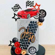 1 Set 27pcs/13pcs Racing Theme Cake Decorations, Including Tires, Checkered Flags, Stars And Mini Black, Red And Gold Spherical Cake Decorations, Suitable For Men's Racing Theme Birthday Party Cake Decoration (Please Use With White Sticks And Trays) - Multicolor - View 5