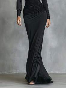 Vestido femenino más vendido unicolor negro hombros descubiertos falda larga sofisticado - Negro - Ver 3