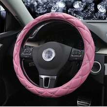 1pc Artificial Sheep Skin Soft Leather Rhinestone Blingbling Car Steering Wheel Cover, Fits 14.5-15 Inch Round Steering Wheel, Car Interior Accessory, Unisex, Black - A - View 11