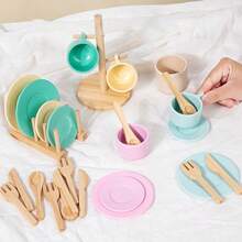 Children's Wooden Play Kitchen Utensils Set (27pcs) - Includes Plates, Bowls, Storage Rack And Realistic Food, Play Kitchen Accessories, Educational Gift For Children 3 Years And Above - Multicolor - View 6