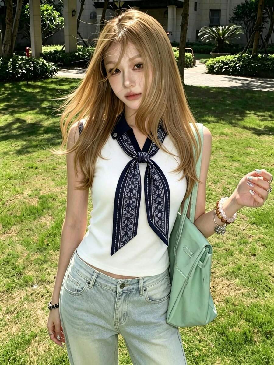 1件女款 Polo 領無袖針織上衣,附蝴蝶結圍巾,修身顯身材背心,適合夏季 - 灰色 - 查看 1