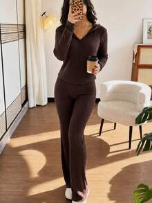 Women Two-Piece Outfits - Coffee Brown - View 3