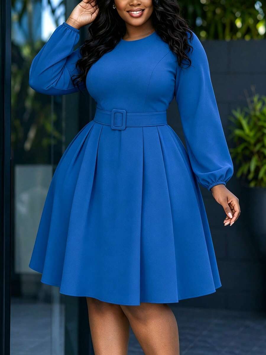 Gaun Midi Wanita Elegan dengan Hem Berkerut, Sabuk, Leher Bulat, Saku, Warna Polos, Bahan Cocok untuk Acara Elegan, Kasual, Formal, Kantor, Musim Gugur - Royal Blue - View 1