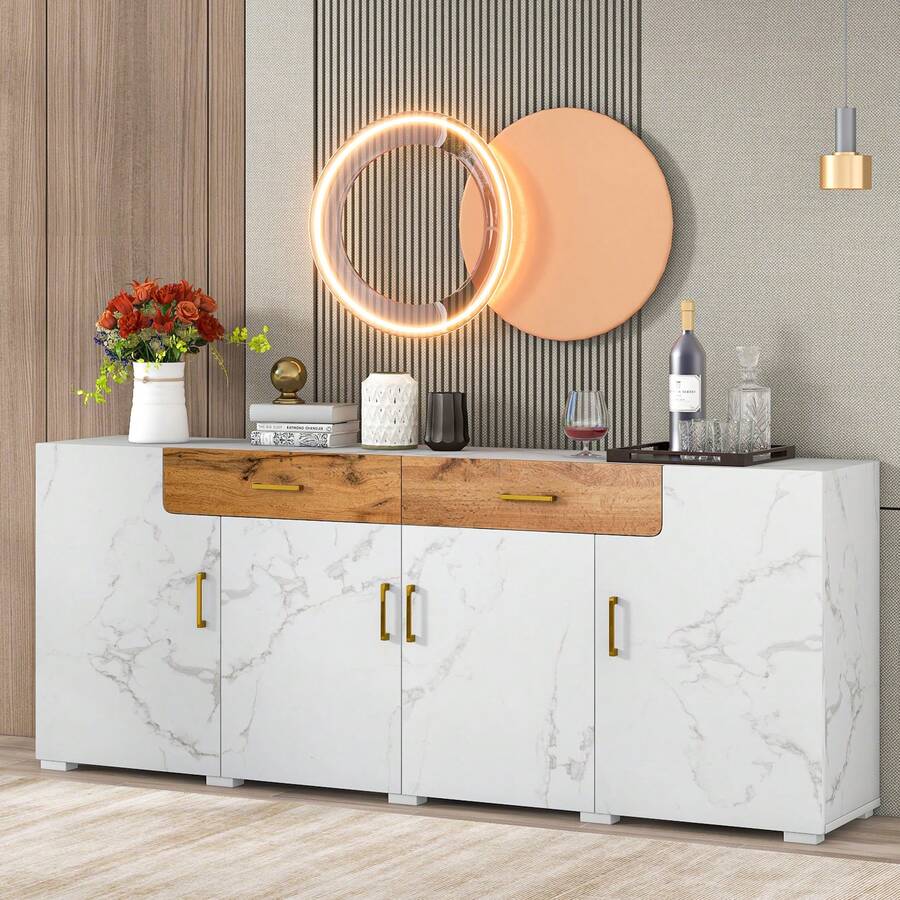 Sideboard White 208x39.5x80cm - With 4 Doors And 2 Drawers In Wood For Dining Room And Living Room - 白色 - 查看 1