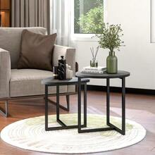 Set Of 2 Round Coffee Tables – Industrial Design Wooden Side Tables For Living Room, Modern Coffee Table - 黑色 - 查看 3