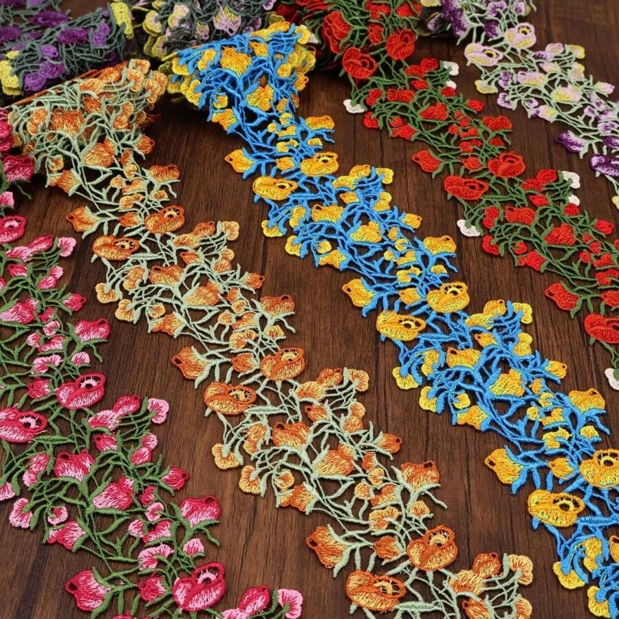 1 Yard Floral Water-Soluble Lace Trim, Hollow 3D Flower Embroidered Mesh Ribbon, Macaron Bright Color Wavy Decorative Lace, Lolita Dress, Curtain Trim, DIY Sewing Craft Supplies - Floral Lace - View 1