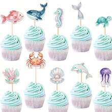 10 ou 30 décorations de cupcakes en forme d'animaux marins, comprenant tortue de mer, requin, hippocampe, queue de sirène, dauphin, coquillage, crabe, méduse, corail et autres thèmes sous-marins pour fête de baptême, fête d'anniversaire, fête de révélation de genre, décorations de gâteau - Multicolore - Voir 1