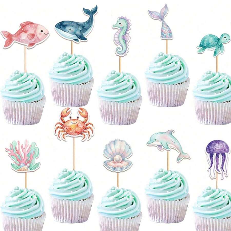 10 ou 30 décorations de cupcakes en forme d'animaux marins, comprenant tortue de mer, requin, hippocampe, queue de sirène, dauphin, coquillage, crabe, méduse, corail et autres thèmes sous-marins pour fête de baptême, fête d'anniversaire, fête de révélation de genre, décorations de gâteau - Multicolore - Voir 1